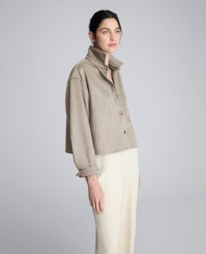 Faux Suede Button Front Cropped Knit Shirt