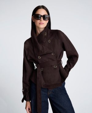 Faux Suede Cropped Belted Trench Jacket
