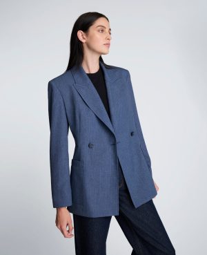 Textured Pinstripe Double Breasted Contour Jacket with Patch Pocket