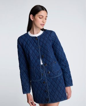 Denim Quilted Collarless Jacket