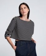Striped Cotton Cropped Boatneck Long Sleeve Tee