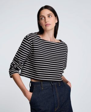 Striped Cotton Cropped Boatneck Long Sleeve Tee