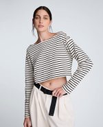 Striped Cotton Cropped Boatneck Long Sleeve Tee