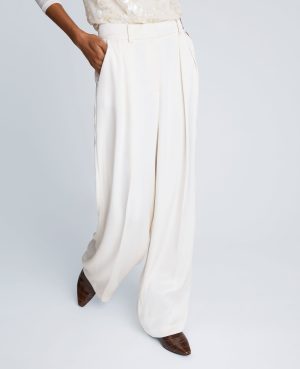 Satin High Rise Fly Front Double Pleated Wide Leg Pant