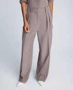 Pinstripe High Rise Fly Front Double Pleated Wide Leg Pant
