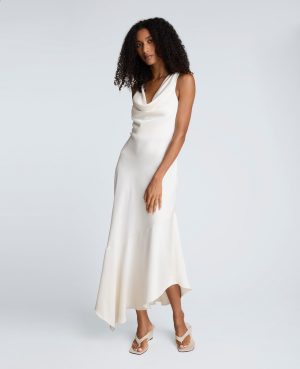 Satin Asymmetric Hem Cowl Front Dress
