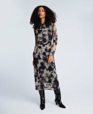 Printed Mesh Knot Front Long Sleeve Midi Dress