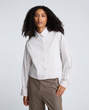 Striped Cotton Poplin Button Front Cropped Shirt