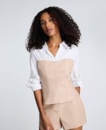 Poplin Y-Neck Top with Vegan Leather Bustier