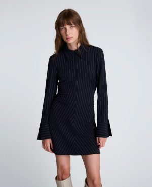 Pinstripe Crepe A-Line Zip Front Dress