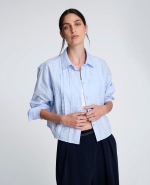 Cropped Tuxedo Style Long Sleeve Button Down Blouse
