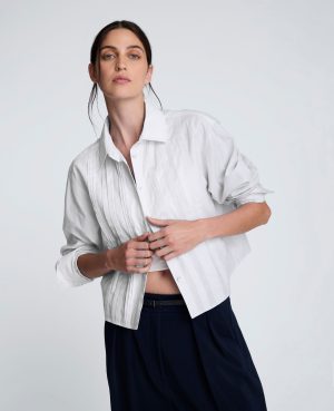 Cropped Tuxedo Style Long Sleeve Button Down Blouse