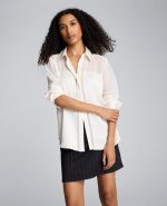 Long Sleeve Button Front Sheer Detail Woven Shirt