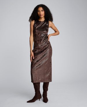 Snake Skin Textured Velvet Crew Neck Sheath Midi Dress