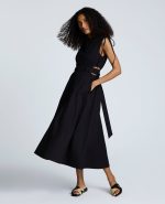 Rouched Waist Midi Dress with Tie Shoulders