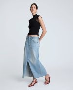 Denim Fly Front 4-Pocket Maxi Skirt With Fray Hem
