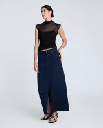 Denim Fly Front 4-Pocket Maxi Skirt With Fray Hem