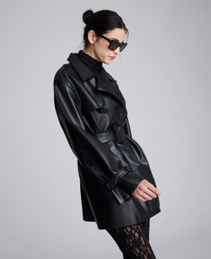 Faux Leather Double Breasted Trench