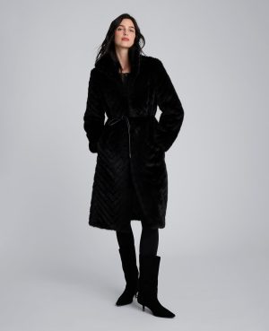 Grooved Faux Fur Coat with Tie Belt