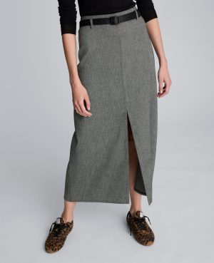 Herringbone Slit Front Belted Midi Skirt
