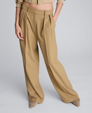 Pinstripe High Rise Fly Front Double Pleat Wide Leg Pant