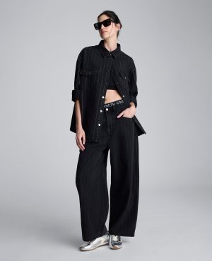 Metallic Pinstripe Wide Leg High Rise Denim Jean