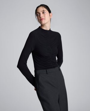 Long Sleeve Center Front Rouched Mockneck Knit Top