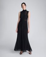 Solid Mesh Pleated Bodice Maxi Dress