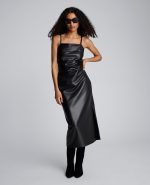 Faux Leather Pleated Waist Midi Dress