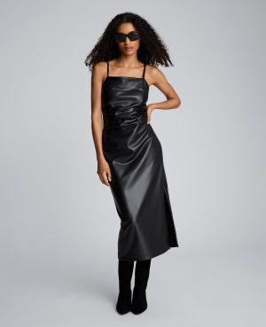 Faux Leather Pleated Waist Midi Dress