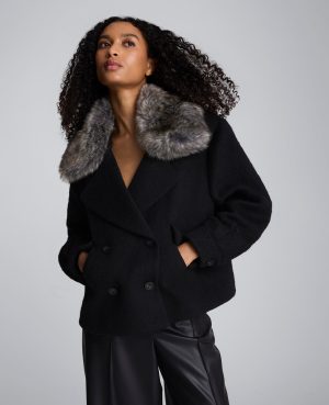 Brushed Wool Removeable Faux Fur Collar Cropped Peacoat