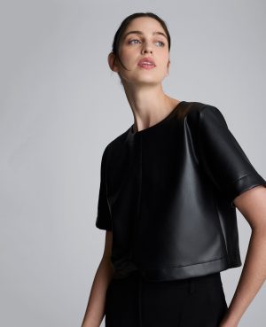Faux Leather Short Sleeve Cropped Tee
