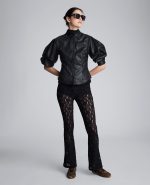 Faux Leather Snap Front Pleated Long Sleeve Fitted Shirt