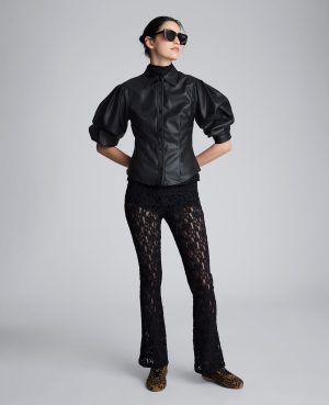 Faux Leather Snap Front Pleated Long Sleeve Fitted Shirt