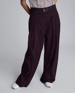 Pinstripe Wide Leg Double Belted Pant