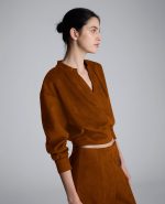 Faux Suede Shoulder Pleated Long Sleeve Knit Pullover