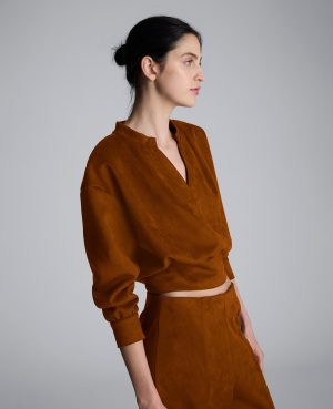 Faux Suede Shoulder Pleated Long Sleeve Knit Pullover