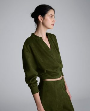 Faux Suede Shoulder Pleated Long Sleeve Knit Pullover